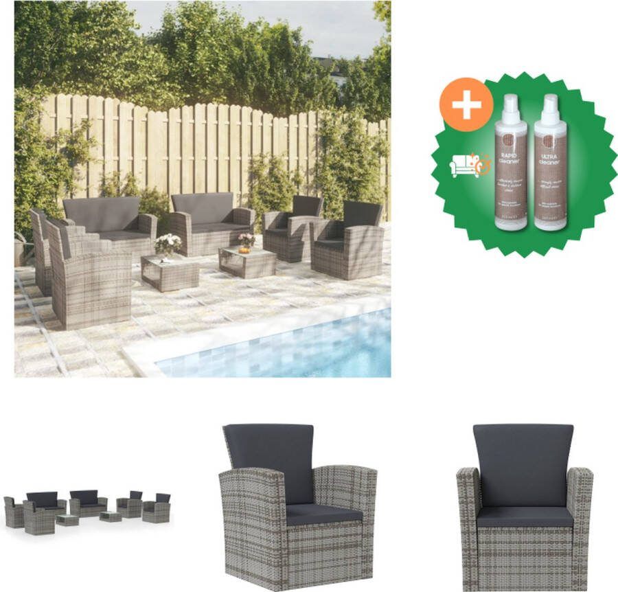 VidaXL Loungeset Poly Rattan Grijs 2 tafels 2 tweezitsbanken 4 armstoelen 85x49.5x35 cm Montage vereist Tuinset Inclusief Onderhoudsset