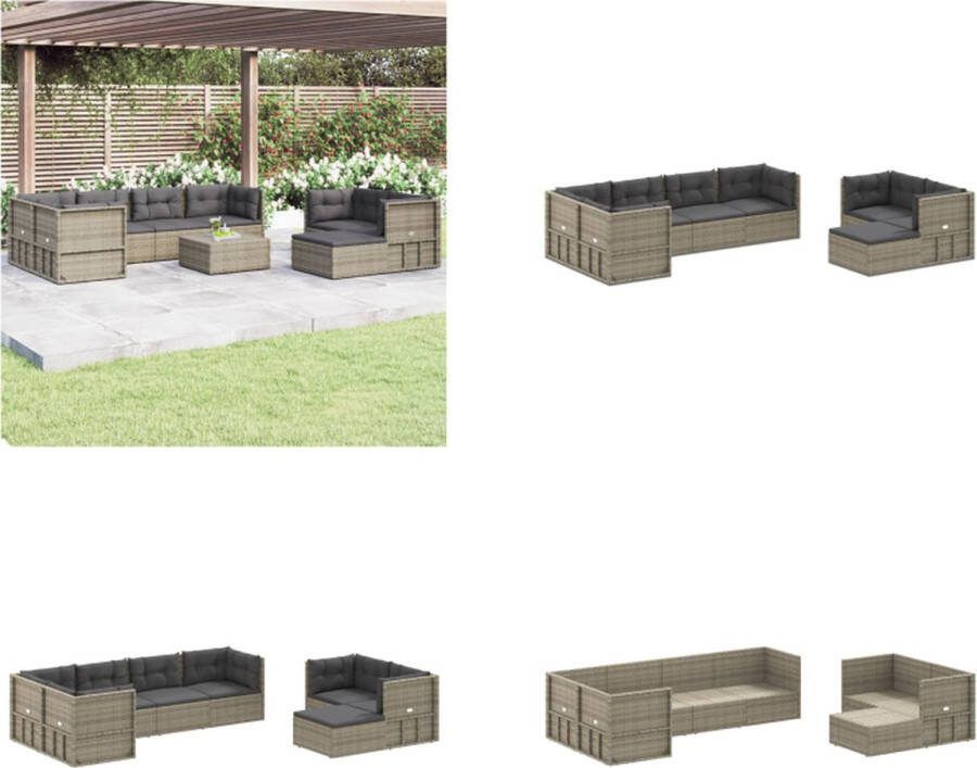 VidaXL 8-delige Loungeset met kussens poly rattan grijs Tuinset Loungeset Tuin Tuinlounge Loungebank Tuin