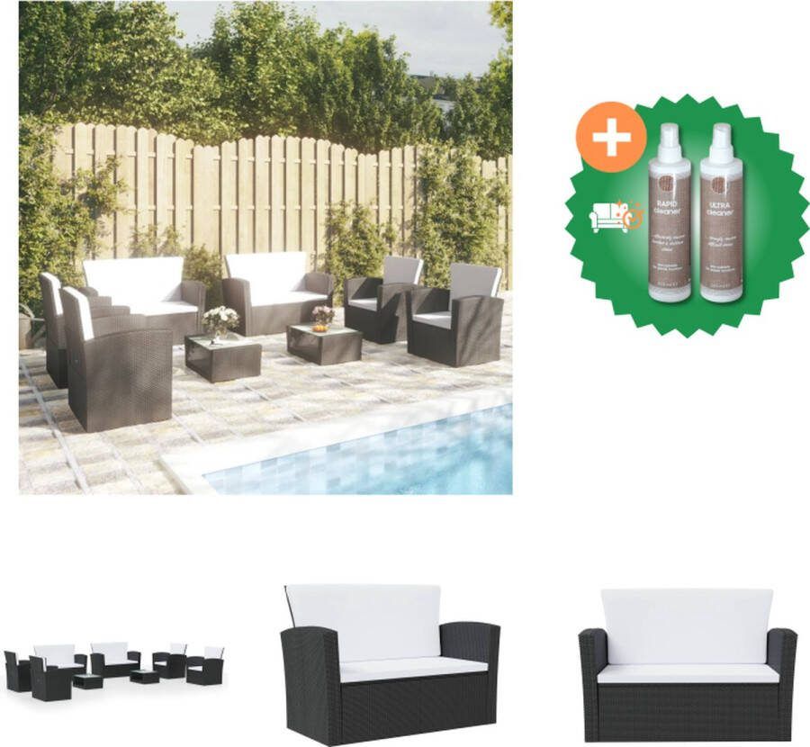 VidaXL Loungeset Poly Rattan Zwart 2 tafels 2 tweezitsbanken 4 armstoelen 6 zitkussens 6 rugkussens Tuinset Inclusief Onderhoudsset