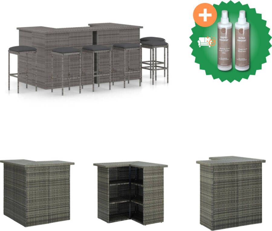 VidaXL Barset Grey 100x50x105 cm Poly Rattan Steel 2 Bartafels 6 Barkrukken 6 Zitkussens Tuinset Inclusief Onderhoudsset