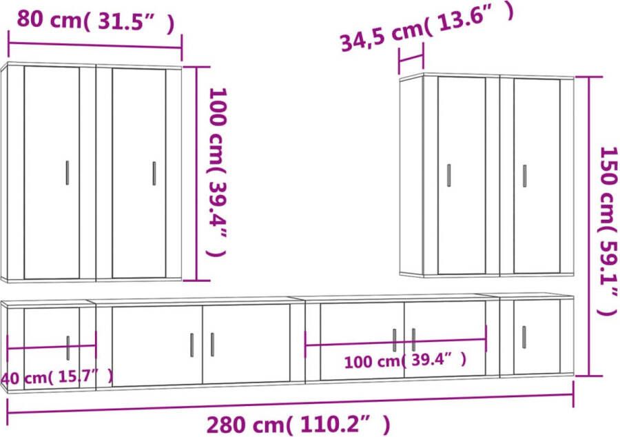 vidaXL -8-delige-Tv-meubelset-bewerkt-hout-zwart