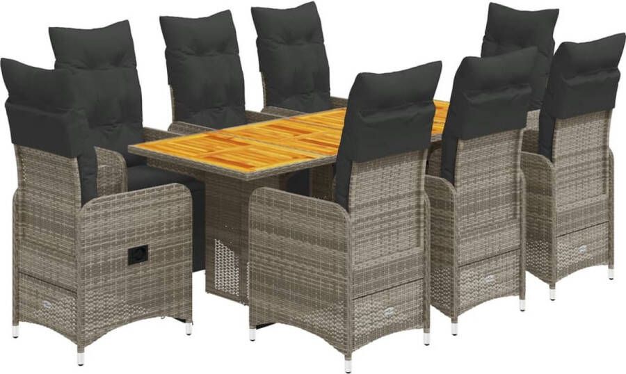 VidaXL 9-delige Bistroset met kussens poly rattan grijs