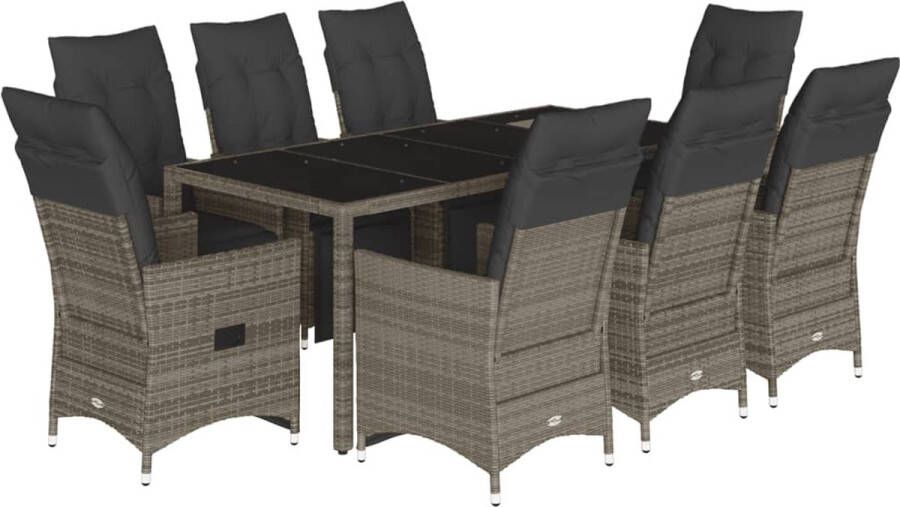 VidaXL 9-delige Bistroset met kussens poly rattan grijs