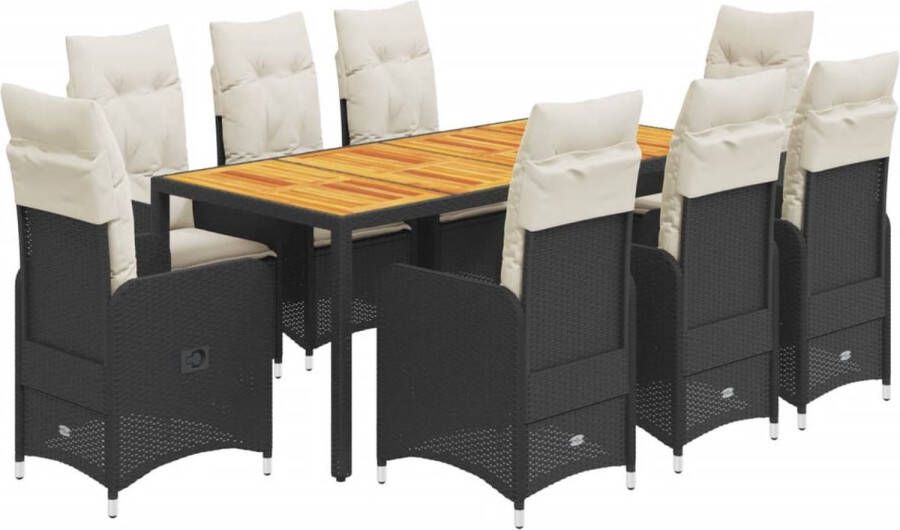 VidaXL 9-delige Bistroset met kussens poly rattan zwart