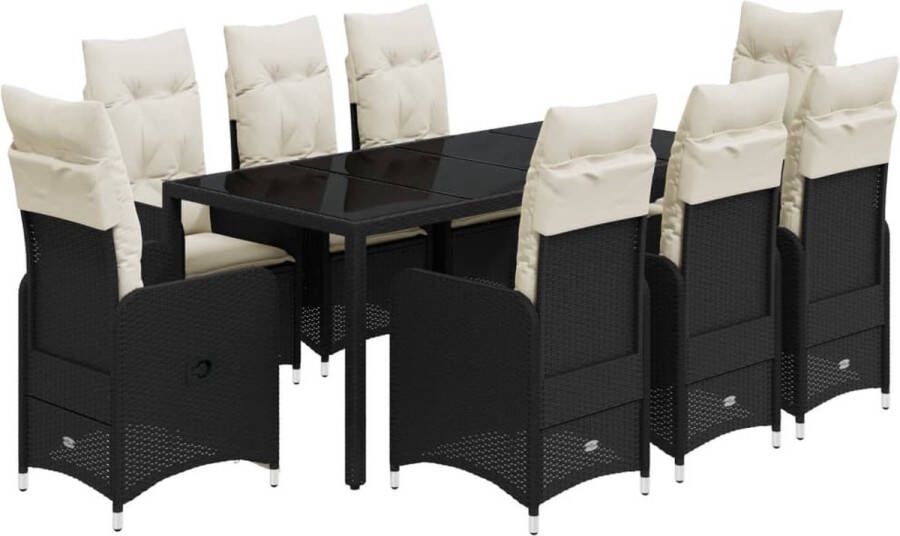 VidaXL 9-delige Bistroset met kussens poly rattan zwart