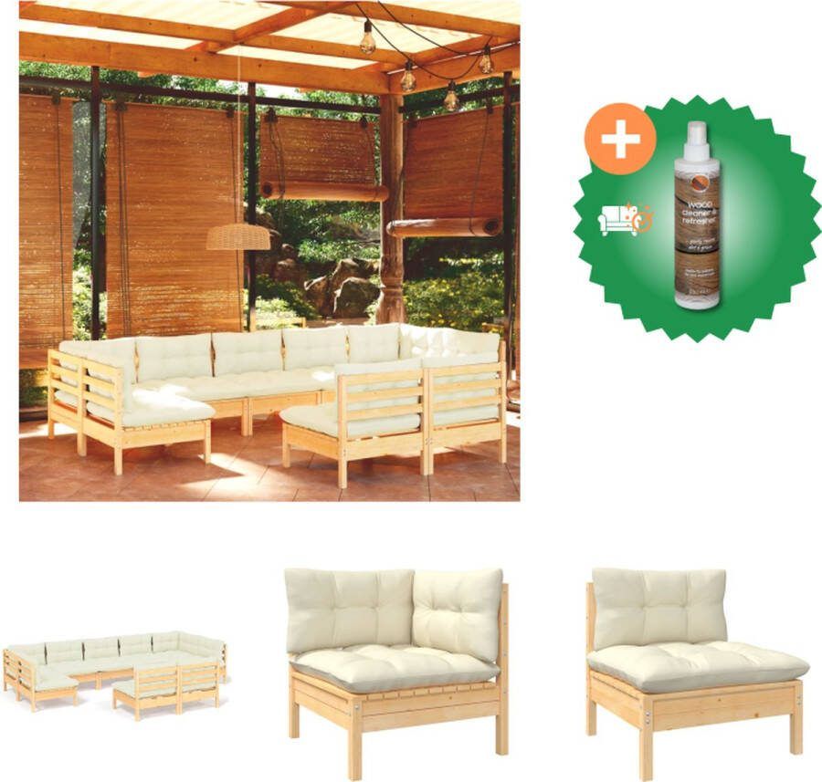 VidaXL Loungeset Grenen Hoekbank 63.5x63.5x62.5cm Middenbank 63.5x63.5x62.5cm Kussen crème 2 hoekbanken 7 middenbanken 9 zitkussens 11 rugkussens Tuinset Inclusief Houtreiniger en verfrisser
