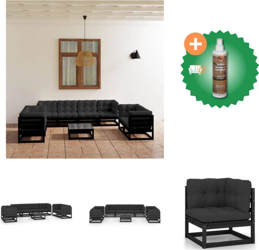 VidaXL Tuinset Grenenhout Zwart 6 hoekbank 2 middenbank 1 tafel 70x70x67 cm Zitkussen 70x70x8 cm Rug zijkussen 70x40x8 cm Draagvermogen 110 kg Montage vereist Tuinset Inclusief Houtreiniger en verfrisser