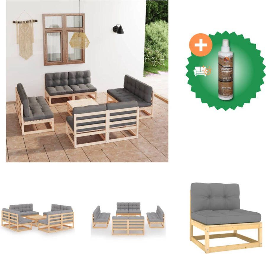 VidaXL Tuinset Massief grenenhout Grijs 8x middenbank 1x tafel 8x zitkussen 8x rugkussen Tuinset Inclusief Houtreiniger en verfrisser