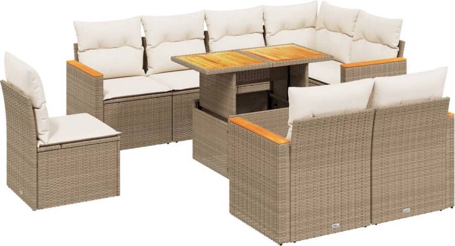 VidaXL 9-delige Loungeset met kussens poly rattan beige