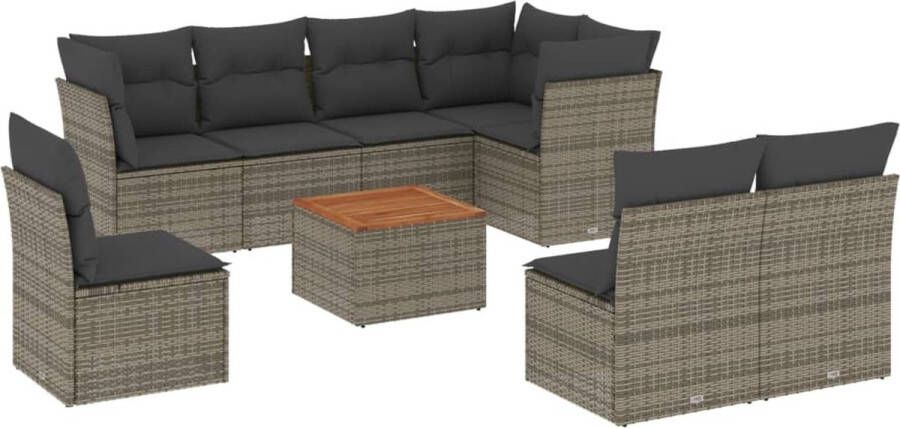 VidaXL 9-delige Loungeset met kussens poly rattan grijs