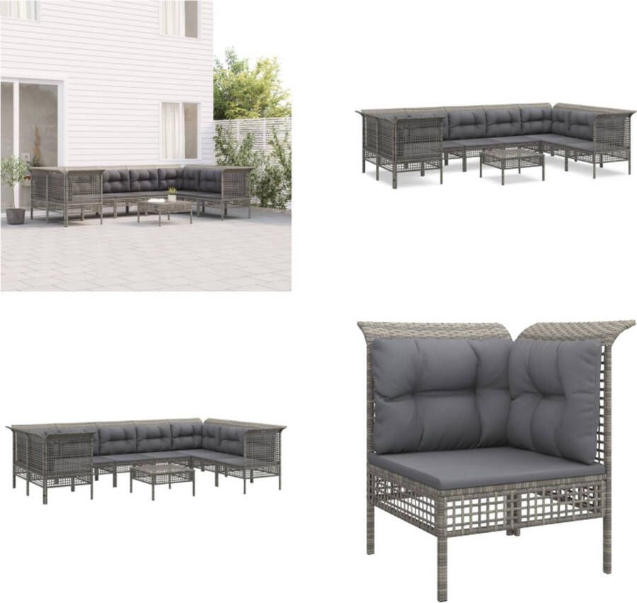 VidaXL 9-delige Loungeset met kussens poly rattan grijs Loungeset Loungesets Tuinset Tuinmeubelset