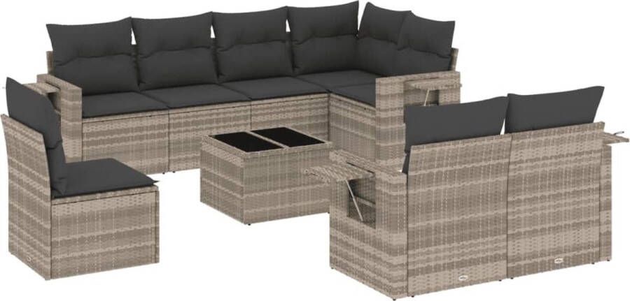VidaXL 9-delige Loungeset met kussens poly rattan lichtgrijs