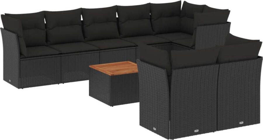 VidaXL 9-delige Loungeset met kussens poly rattan zwart
