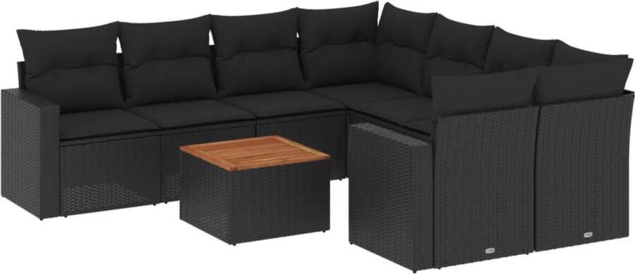 VidaXL 9-delige Loungeset met kussens poly rattan zwart
