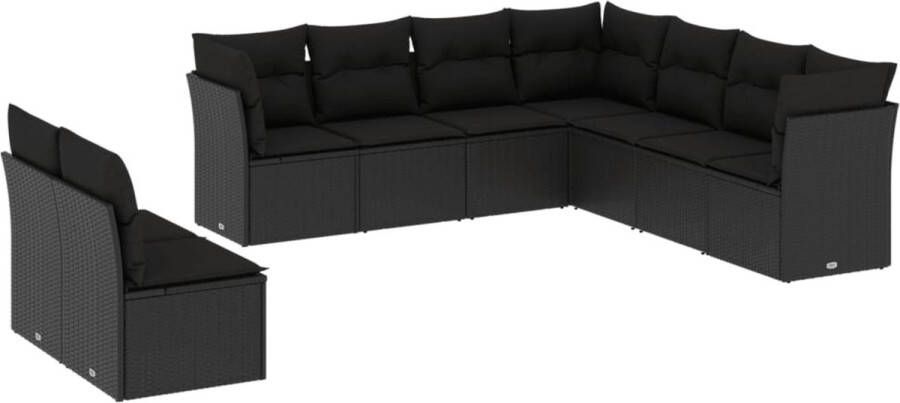 VidaXL 9-delige Loungeset met kussens poly rattan zwart