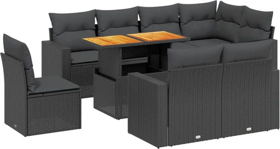 VidaXL 9-delige Loungeset met kussens poly rattan zwart