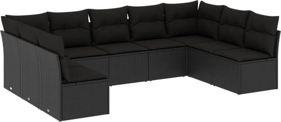 VidaXL 9-delige Loungeset met kussens poly rattan zwart