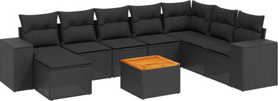 VidaXL 9-delige Loungeset met kussens poly rattan zwart
