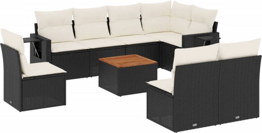 VidaXL 9-delige Loungeset met kussens poly rattan zwart