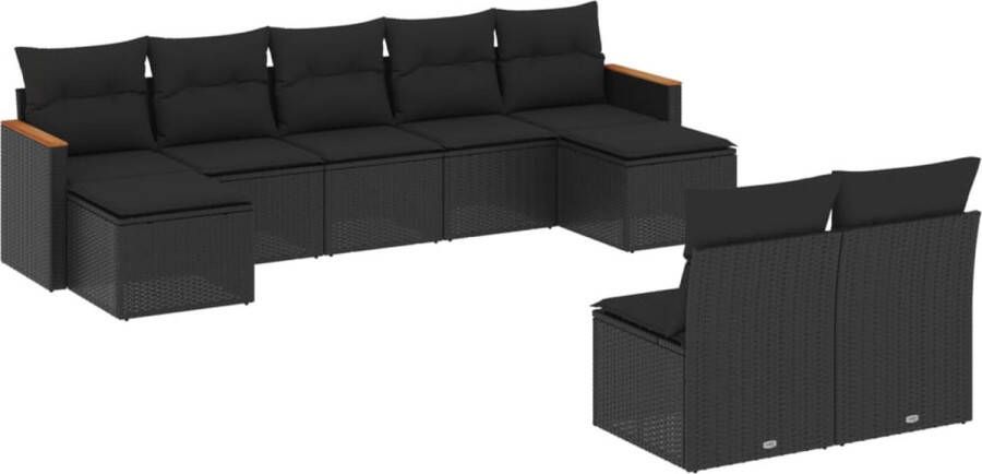 VidaXL 9-delige Loungeset met kussens poly rattan zwart