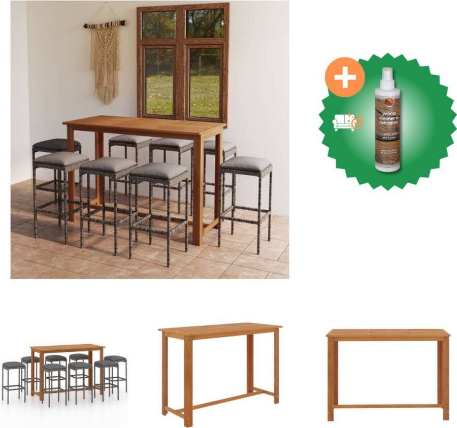 VidaXL Barset Grijs Acacia 150x70x105 cm  8 Barkrukken  Poly Rattan  Inclusief zitkussens Tuinset Inclusief Houtreiniger en verfrisser