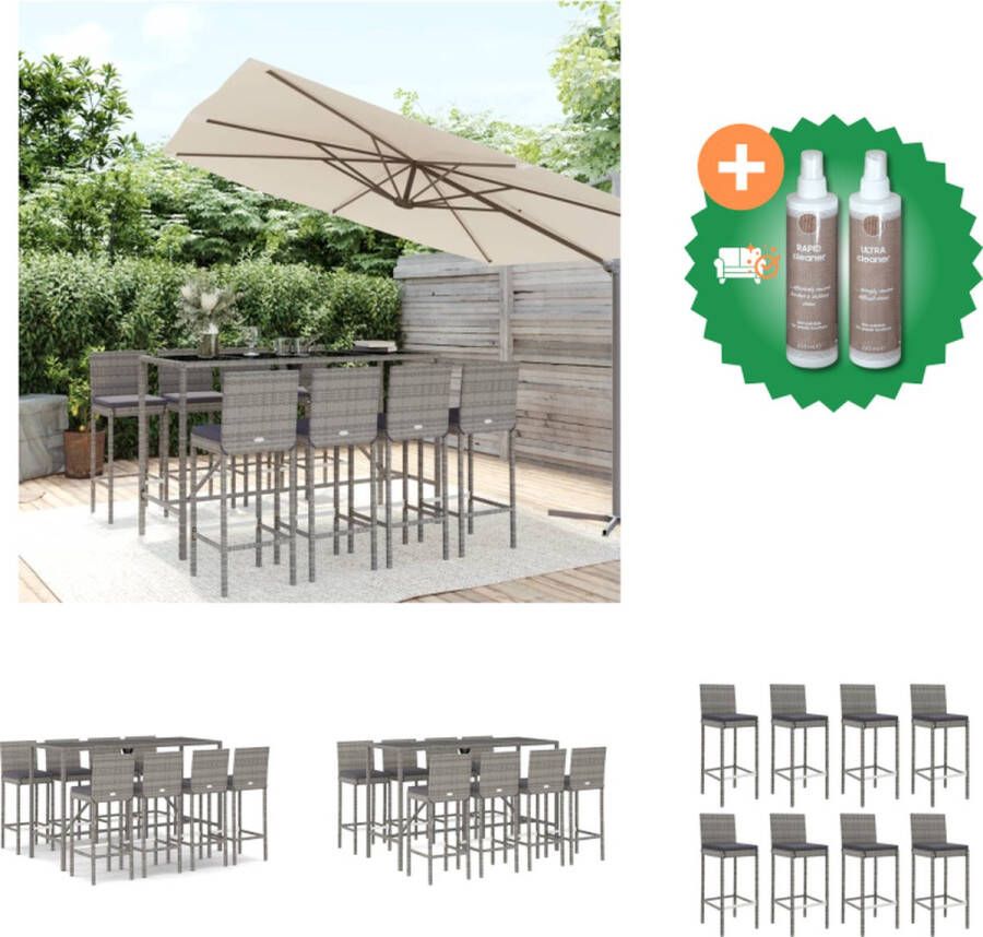 VidaXL Tuinbarset grijs PE-rattan 180 x 70 x 110 cm incl 8 barkrukken kussens Tuinset Inclusief Onderhoudsset