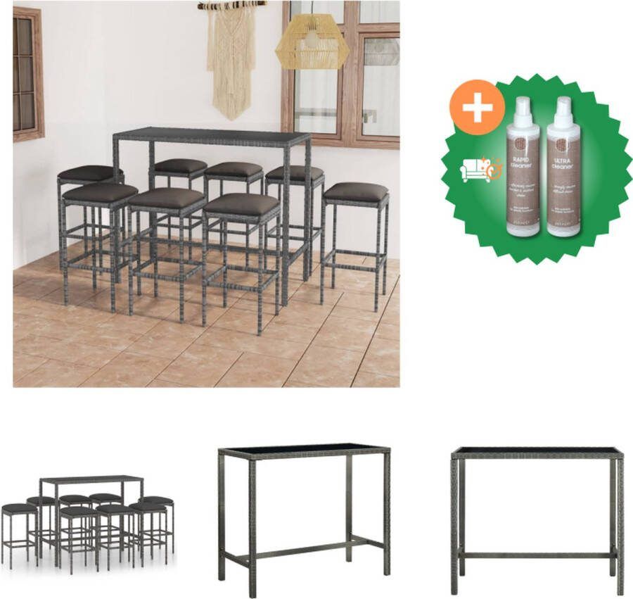 VidaXL Barset PE-rattan Gepoedercoat Staal Gehard Glas Grijs Zwart 130 x 60 x 110 cm 8 krukken Crèmewit kussen Montage vereist Inclusief tafel Tuinset Inclusief Onderhoudsset