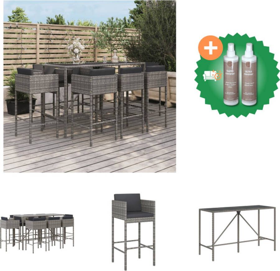 VidaXL Tuinbarset Vierkante Grijze Bartafel 180 x 70 x 110 cm PE-rattan Gehard glas 8 Barkrukken Donkergrijze Kussens Tuinset Inclusief Onderhoudsset