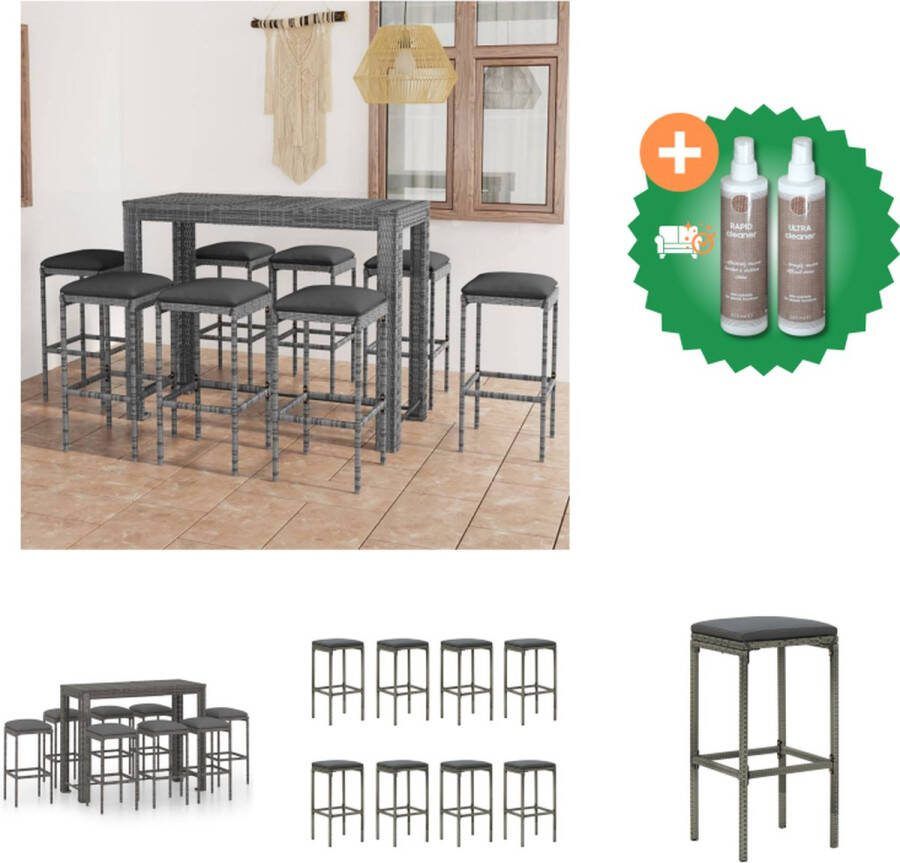 VidaXL Barset Grijs Tafel- 140.5 x 60.5 x 110.5 cm Stoelen- 38 x 38 x 76 cm Inclusief 8 krukken en kussens Tuinset Inclusief Onderhoudsset