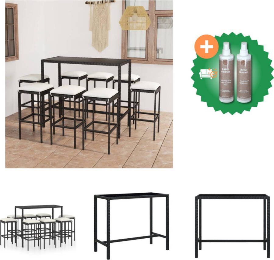 VidaXL Barset Trendy Tuinmeubelen Afmetingen- 130 x 60 x 110 cm Kleur- Zwart Materiaal- PE-rattan gepoedercoat staal gehard glas Inclusief- 8 krukken 8 zitkussens Tuinset Inclusief Onderhoudsset