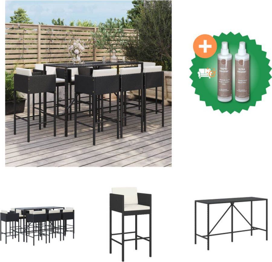 VidaXL 9 delige Tuinbarset met kussens poly rattan zwart Tuinset Inclusief Onderhoudsset