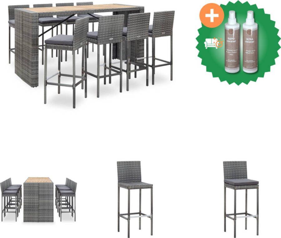 VidaXL Poly Rattan Barset Vintage Stijl Acaciahouten Tafel Grijs 200 x 80 x 110 cm 8 Barstoelen Inclusief Kussens Tuinset Inclusief Onderhoudsset