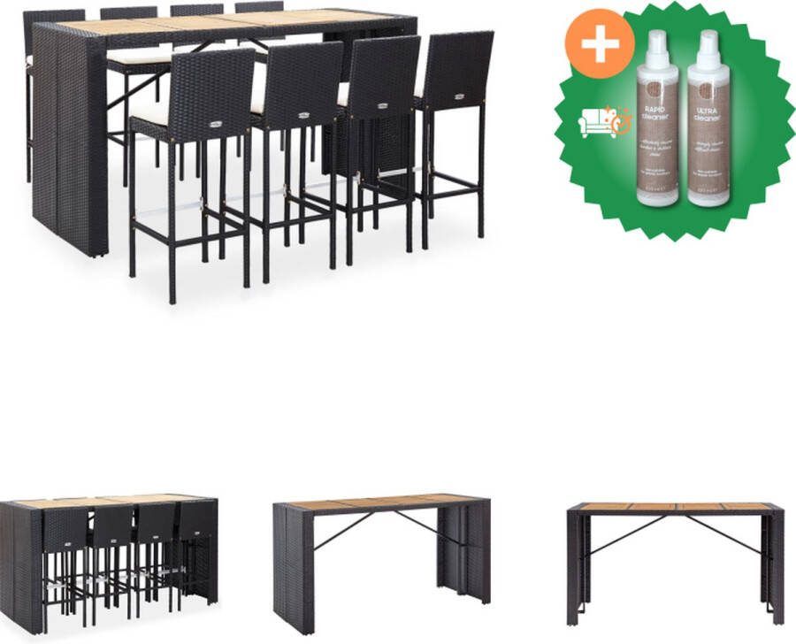 VidaXL Poly Rattan Barset Zwart Tafel 200x80x110 cm Stoel 40x44x108 cm Incl Kussens Massief Acaciahout Gepoedercoat Staal Montage vereist 8x Barstoel 8x Zitkussen Tuinset Inclusief Onderhoudsset