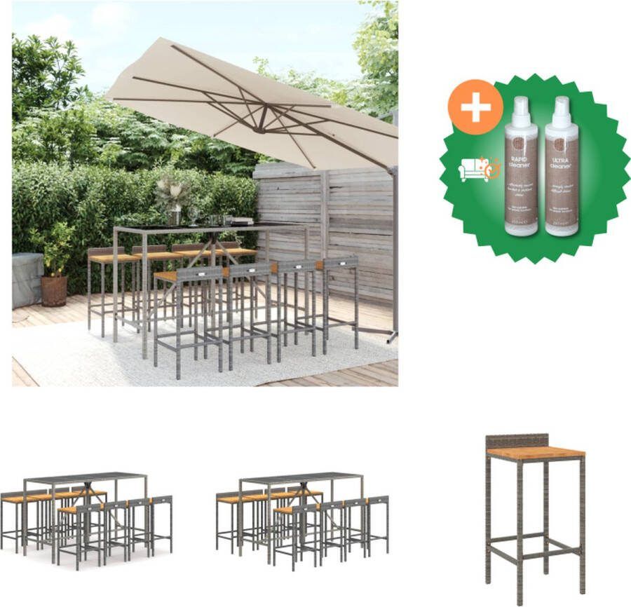 VidaXL Tuinbarset Trendy Tuinmeubelen Afmetingen- 180 x 70 x 110 cm Kleur- grijs Materiaal- PE-rattan gepoedercoat staal gehard glas Draagvermogen- 110 kg Inclusief- 1 bartafel 8 barkrukken Tuinset Inclusief Onderhoudsset