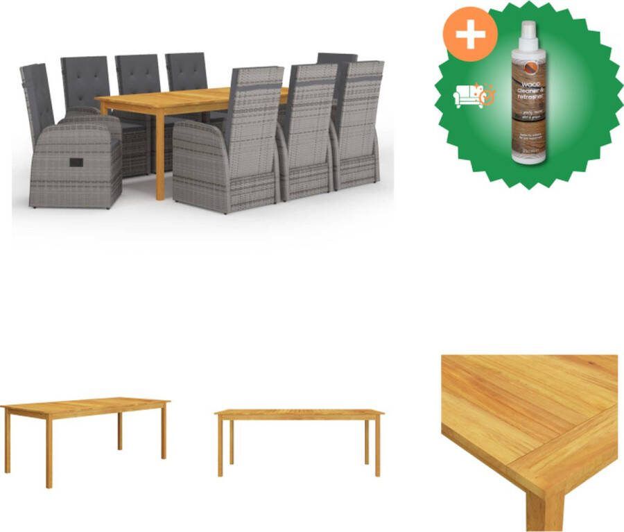 VidaXL Tuinset Acaciahouten Eettafel 200x90x74cm Grijze Stoelen Verstelbare Rugleuning 8x Kussens Tuinset Inclusief Houtreiniger en verfrisser