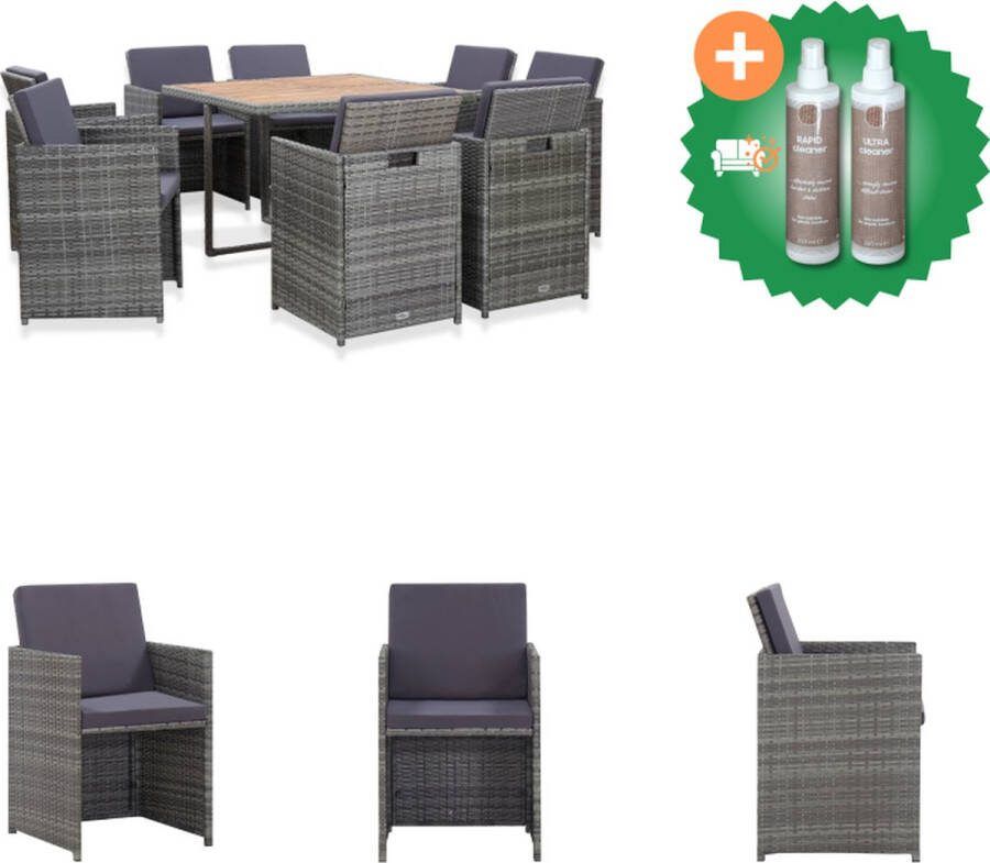 VidaXL Eethoek Poly rattan 1 tafel 8 stoelen 16 kussens Antraciet Donkergrijs Tuinset Inclusief Onderhoudsset