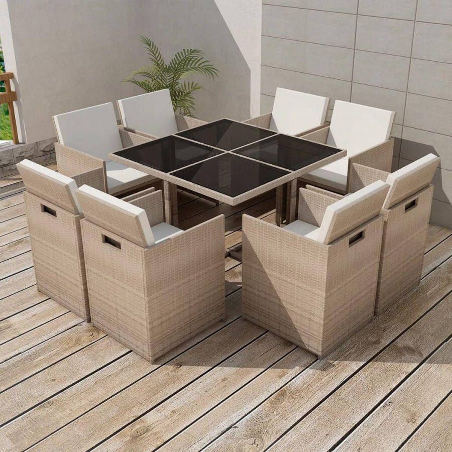 VidaXL -9-delige-Tuinset-met-kussens-poly-rattan-beige