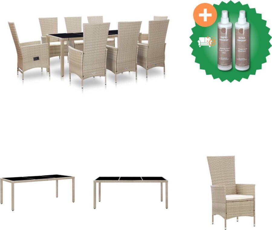 VidaXL Poly Rattan Tuinset Eethoek Beige 190x90x75 cm Inclusief 8 Stoelen (2 Verstelbaar) Inclusief Kussens Tuinset Inclusief Onderhoudsset