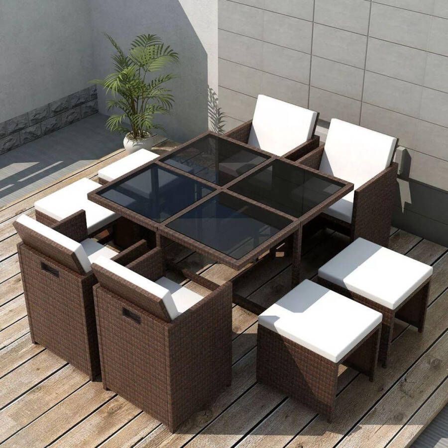 VidaXL -9-delige-Tuinset-met-kussens-poly-rattan-bruin