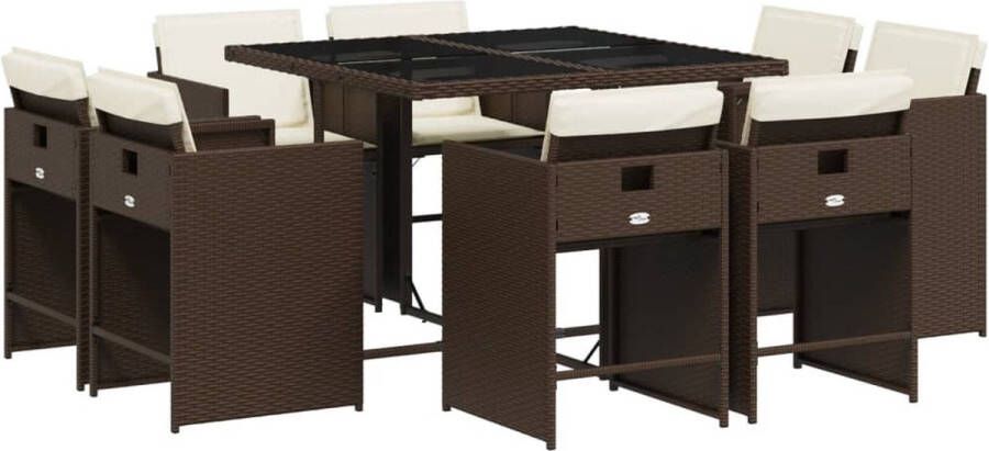 VidaXL 9-delige Tuinset met kussens poly rattan bruin