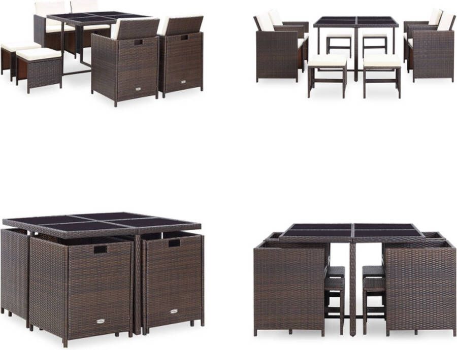 VidaXL -9-delige-Tuinset-met-kussens-poly-rattan-bruin Eethoek Voor Buiten Eethoeken Voor Buiten Tuintafel En Stoel Tuintafels En Stoelen