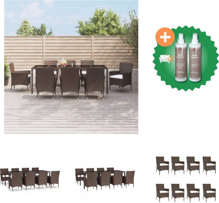 VidaXL Tuinset bruin eetkamerstoelen met kussens poly rattan tafel van gehard glas 250x100x75cm Tuinset Inclusief Onderhoudsset