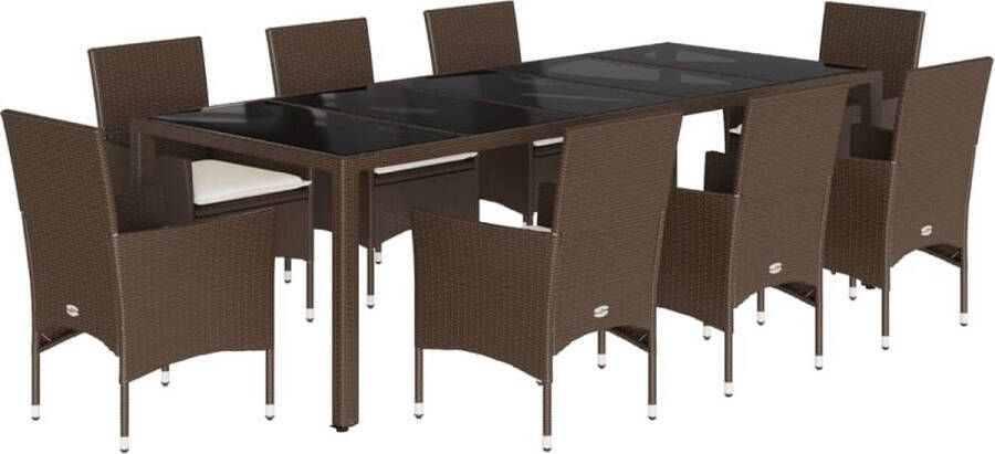 VidaXL 9-delige Tuinset met kussens poly rattan en glas bruin