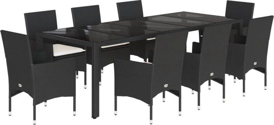 VidaXL 9-delige Tuinset met kussens poly rattan en glas zwart