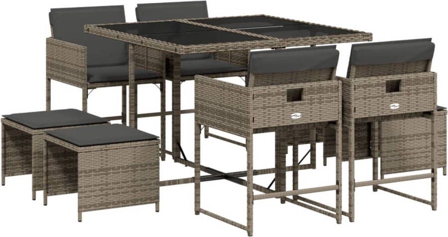 VidaXL 9-delige Tuinset met kussens poly rattan grijs
