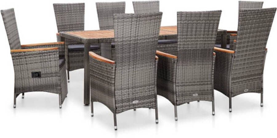 VidaXL -9-delige-Tuinset-met-kussens-poly-rattan-grijs