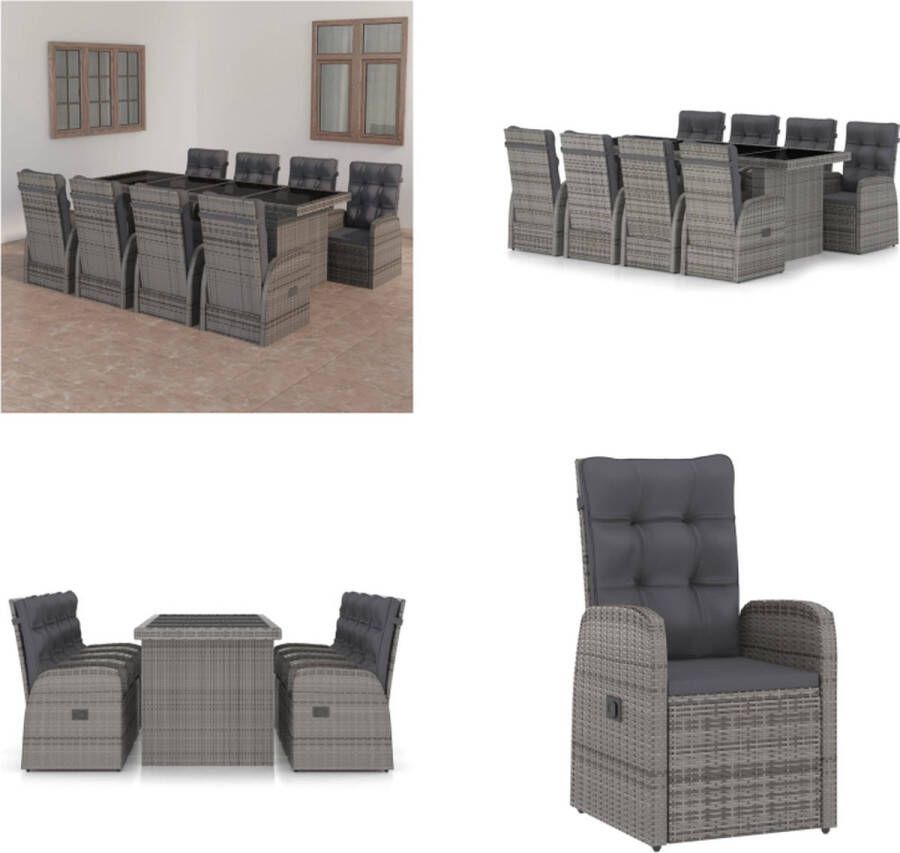 VidaXL 9-delige Tuinset met kussens poly rattan grijs Eethoek Voor Buiten Eethoeken Voor Buiten Tuintafel En Stoel Tuintafels En Stoelen