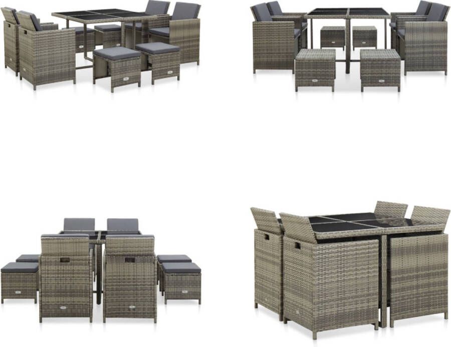 VidaXL 9-delige Tuinset met kussens poly rattan grijs Eethoek Voor Buiten Eethoeken Voor Buiten Tuintafel En Stoel Tuintafels En Stoelen