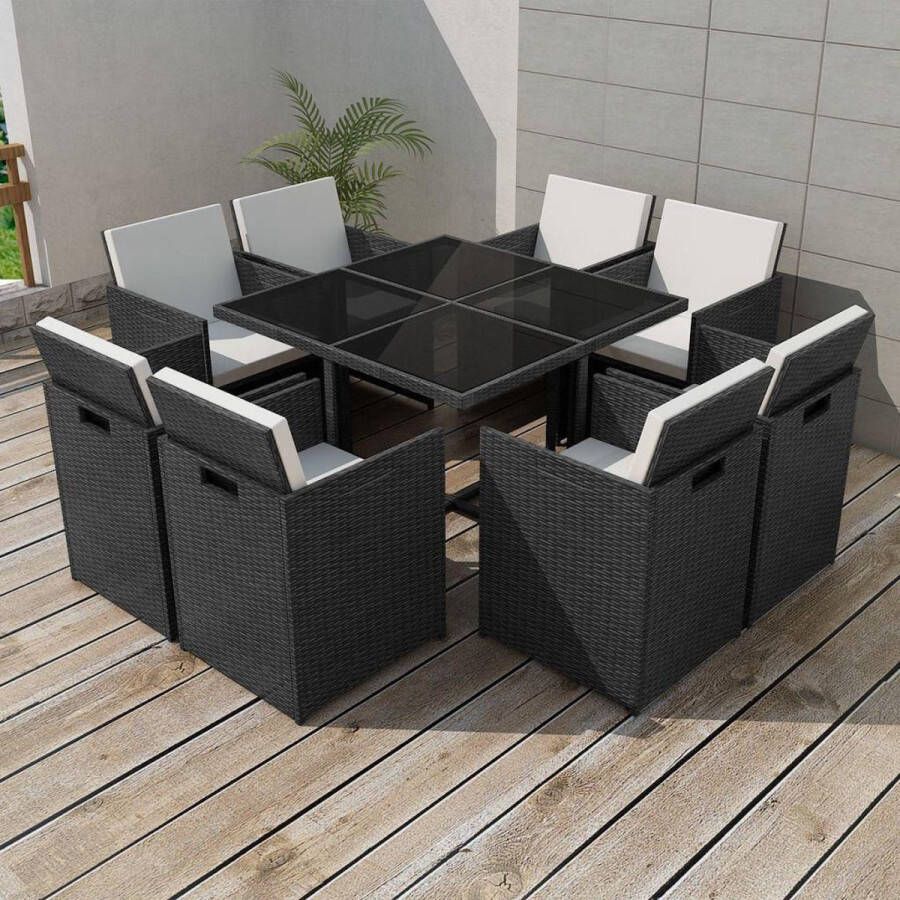 VidaXL -9-delige-Tuinset-met-kussens-poly-rattan-zwart