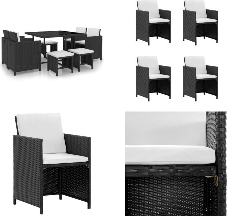 VidaXL -9-delige-Tuinset-met-kussens-poly-rattan-zwart Eethoek Voor Buiten Eethoeken Voor Buiten Tuintafel En Stoel Tuintafels En Stoelen